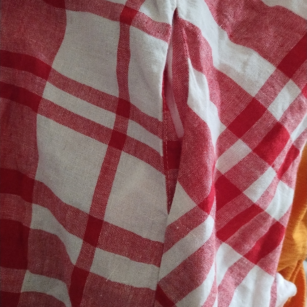 FLAX Pure Linen Red White Plaid Shirt Dress S - Picture 5 of 6